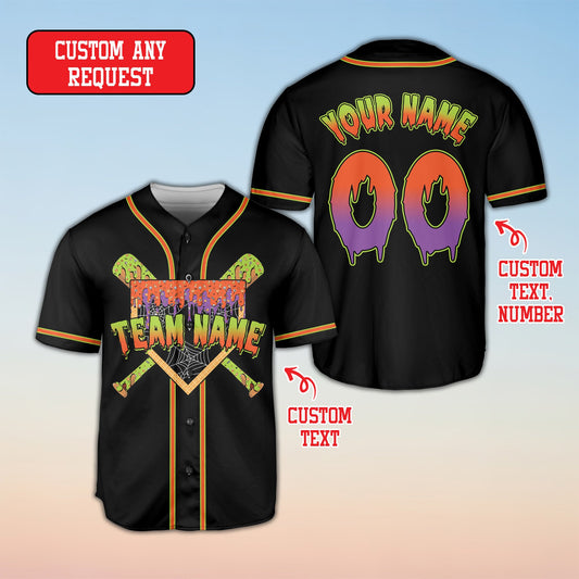 Personalized black halloween baseball jersey with slime bat design and custom name, front view