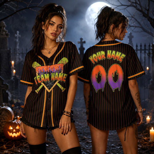 Halloween baseball jersey with custom name and number, black front view