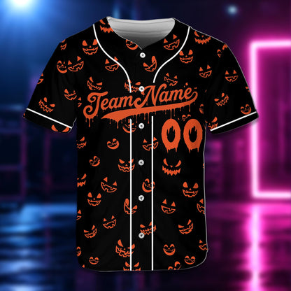 Close-up front view of the personalized baseball jersey showing the drippy orange font and pattern