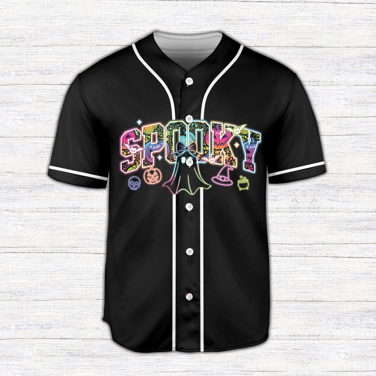 Close up view of the black halloween themed baseball jersey front design