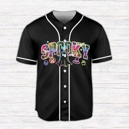 Black halloween baseball jersey with neon spooky text and icons on the front
