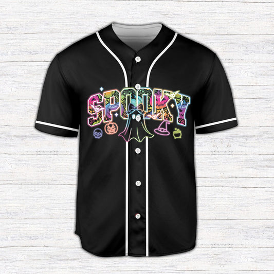 Black halloween baseball jersey with neon spooky text and icons on the front
