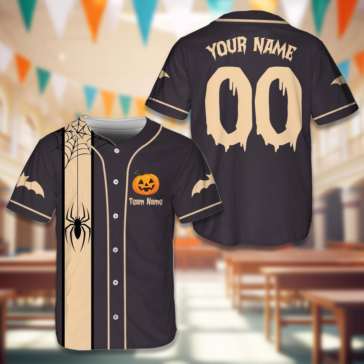 Front view of the black custom halloween baseball jersey design