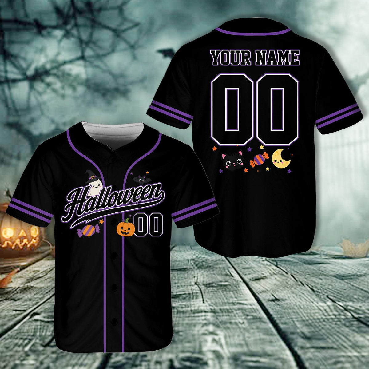 Black custom baseball jersey with spooky character illustrations, front view