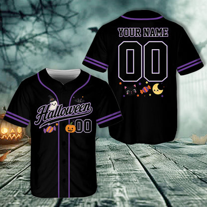 Black custom baseball jersey with spooky character illustrations, front view