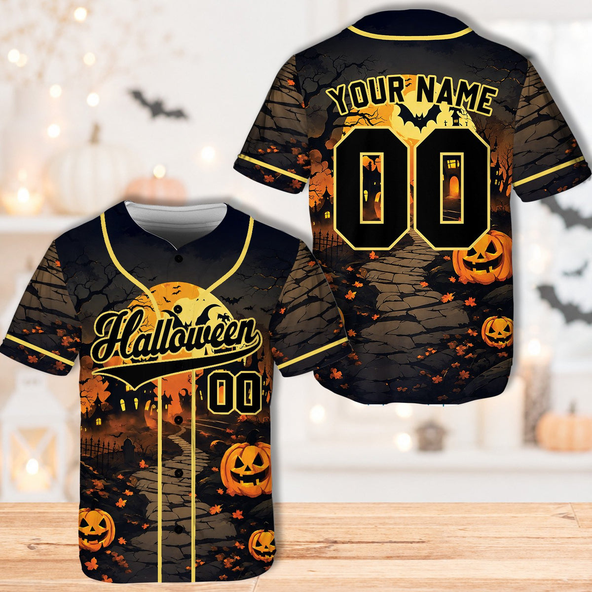 Detailed front view of the black halloween baseball jersey
