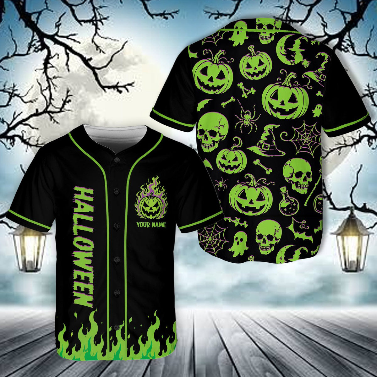 Close up of vertical Halloween text on personalized baseball jersey