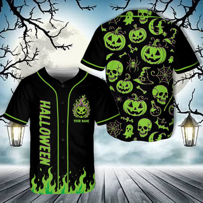 Close up of vertical Halloween text on personalized baseball jersey
