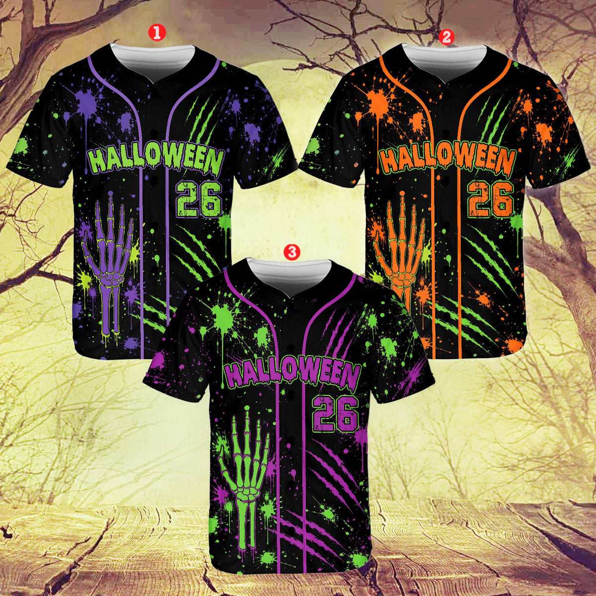 Halloween themed baseball jersey with custom personalization, front view 2