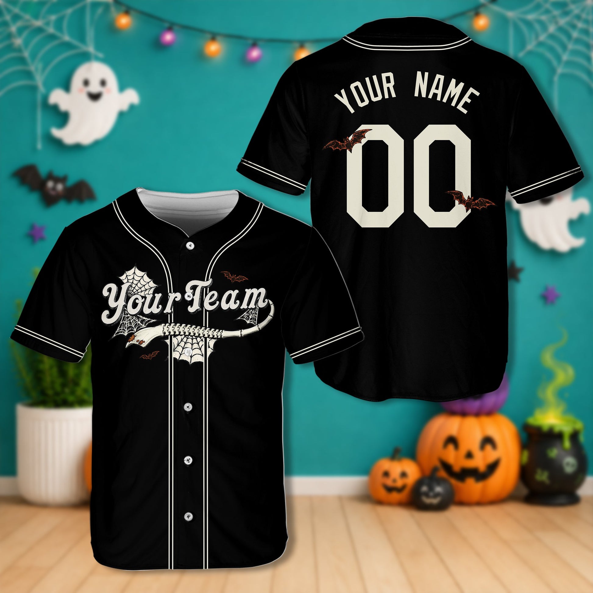 Personalized black Halloween baseball jersey with bone bat and spider web design, front view