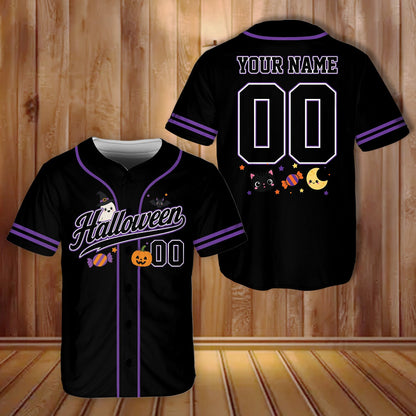 Alternative black halloween baseball jersey custom name and number, front view
