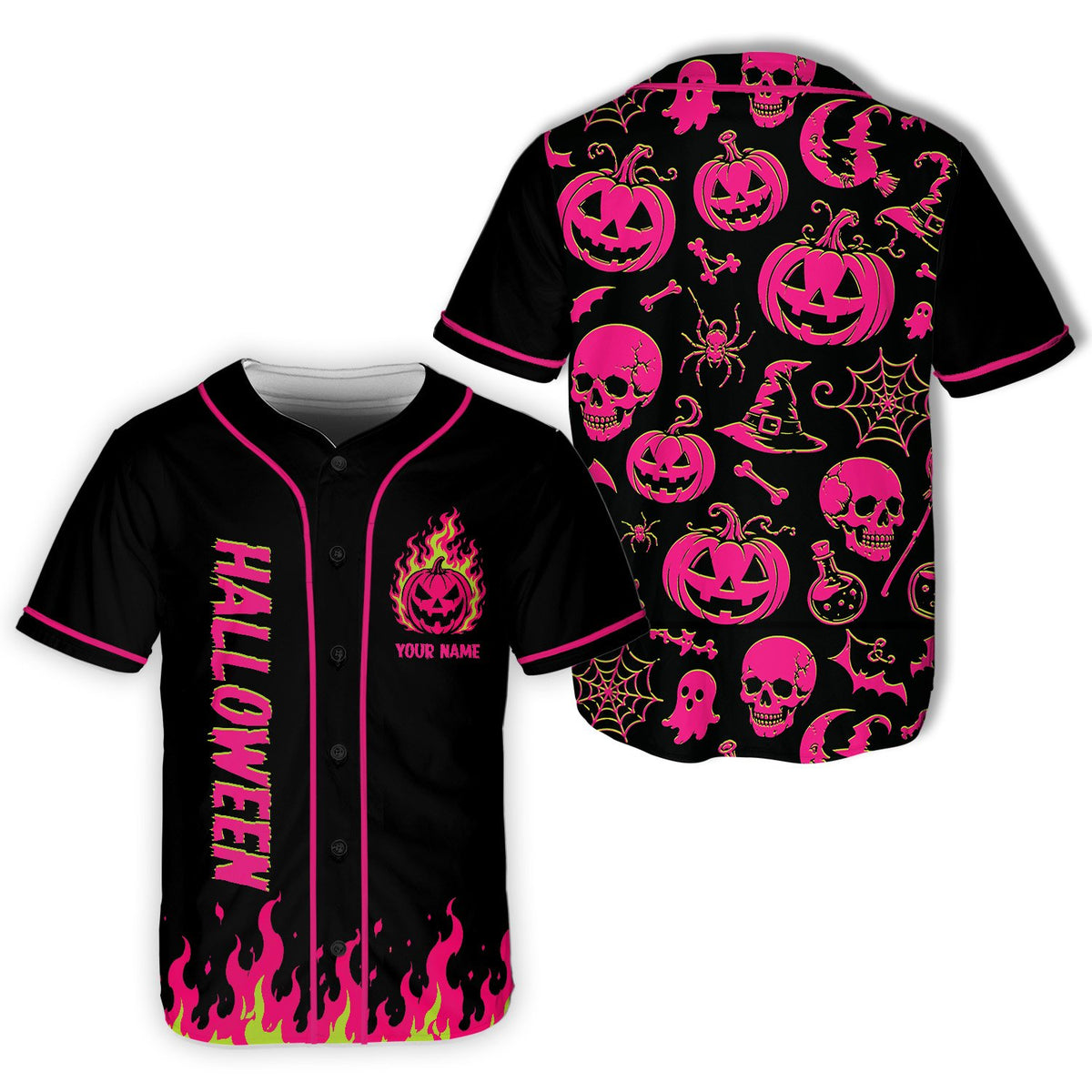 Neon pumpkins and bats on custom name halloween baseball jersey