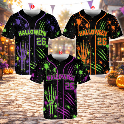 Custom baseball jersey black with neon accents, front view 3