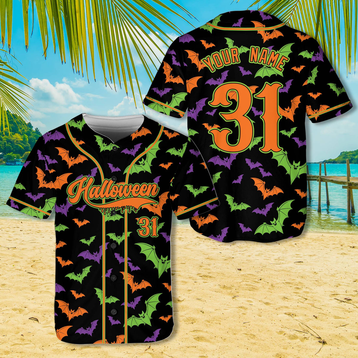 Personalized black halloween baseball jersey featuring colorful flying bats, front and back view