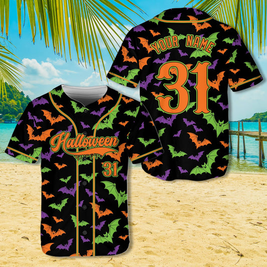 Personalized black halloween baseball jersey featuring colorful flying bats, front and back view