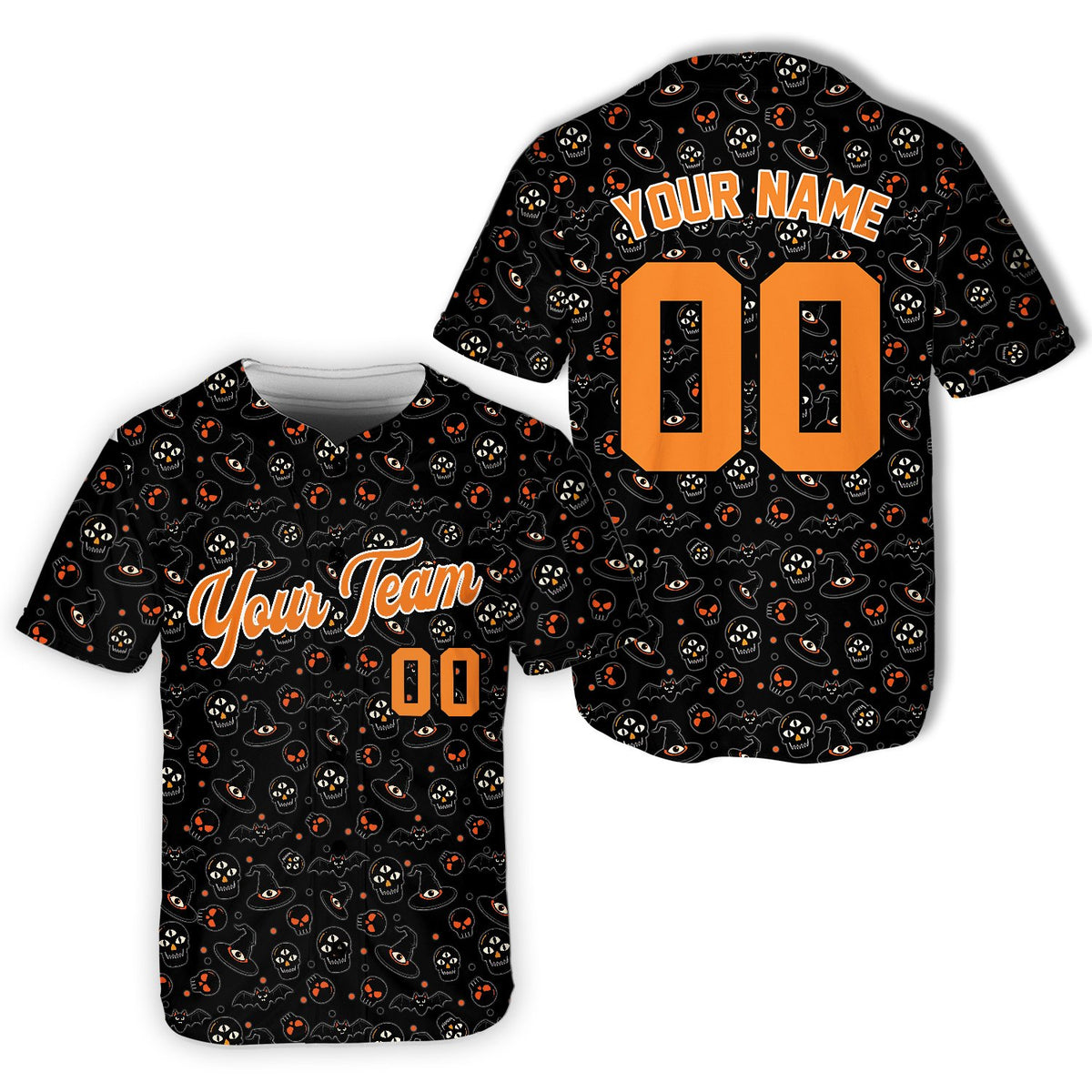 Front view of the personalized halloween baseball jersey in black