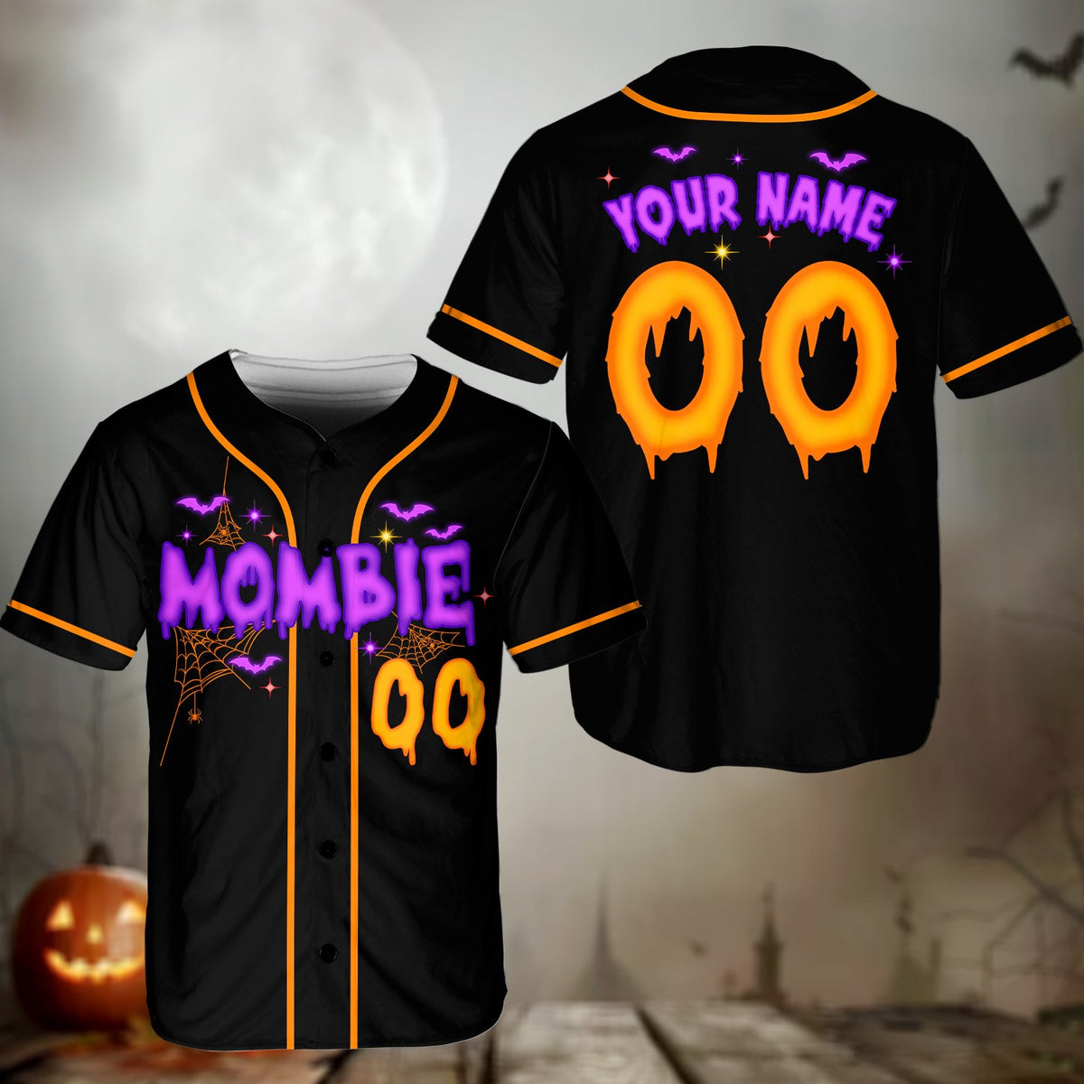 Black personalized baseball jersey with bats and spiderwebs, front view