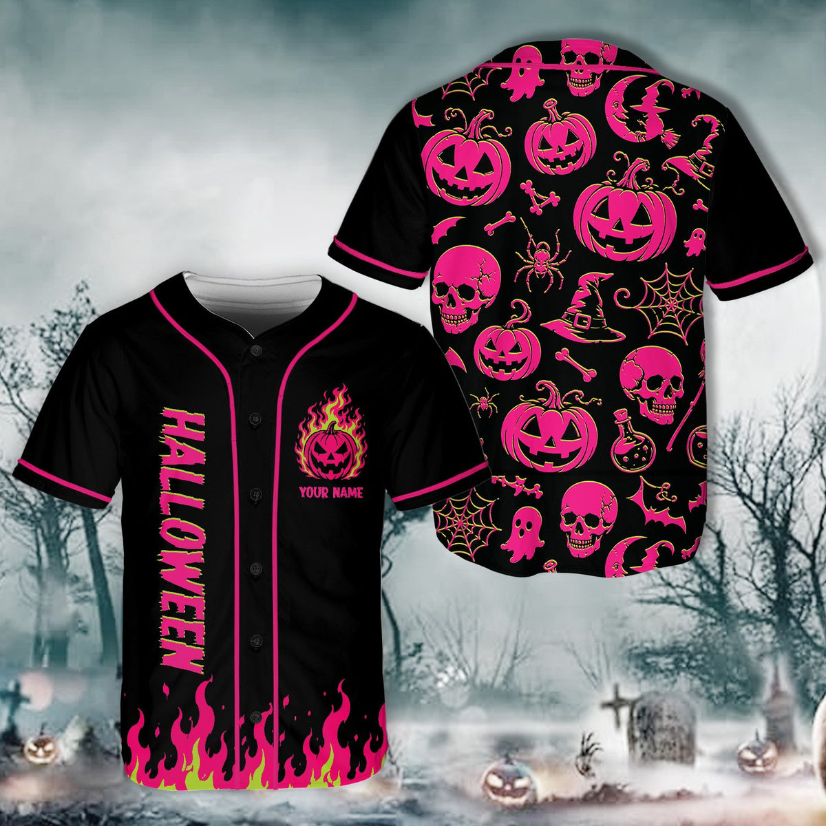 Bright neon flame hem on personalized black baseball jersey