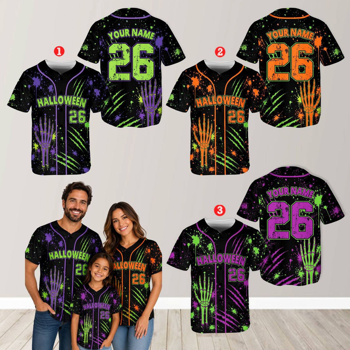 Skeleton hand and claw marks personalized baseball jersey, front view 4