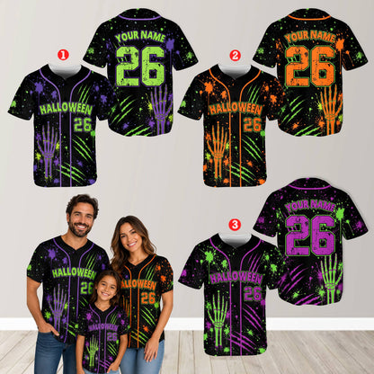 Skeleton hand and claw marks personalized baseball jersey, front view 4