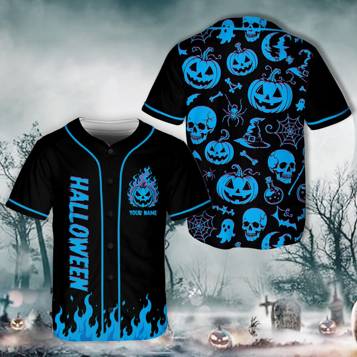 Close up of neon skull on custom halloween baseball jersey