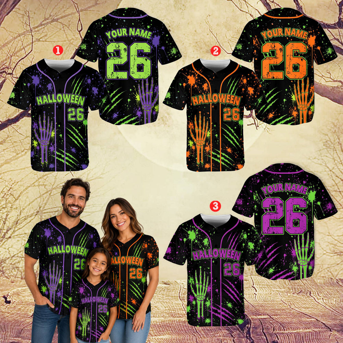 Adult customized halloween baseball jersey black, front view 5