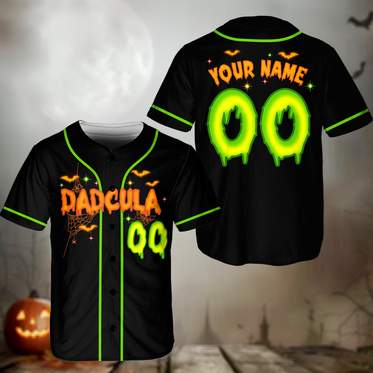 Festive halloween baseball jersey in black, front view