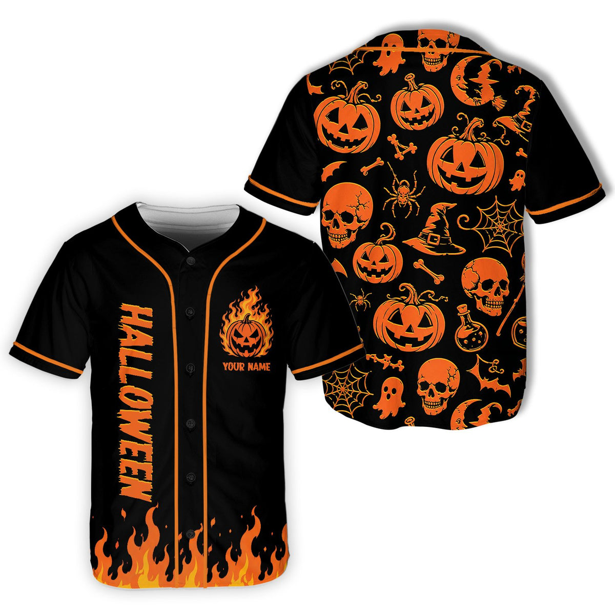 Custom name detailing on black halloween baseball jersey