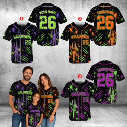 Front view of black personalized baseball jersey with abstract design