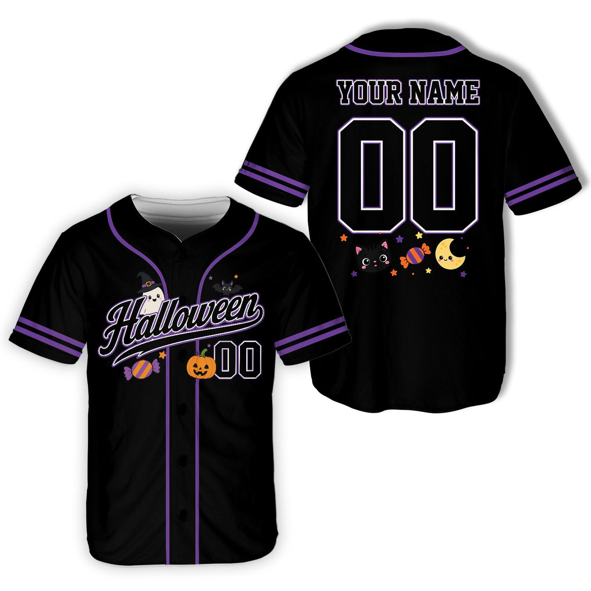 Black personalized baseball jersey with custom name and festive graphics, front view