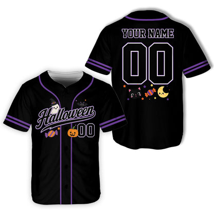 Black personalized baseball jersey with custom name and festive graphics, front view