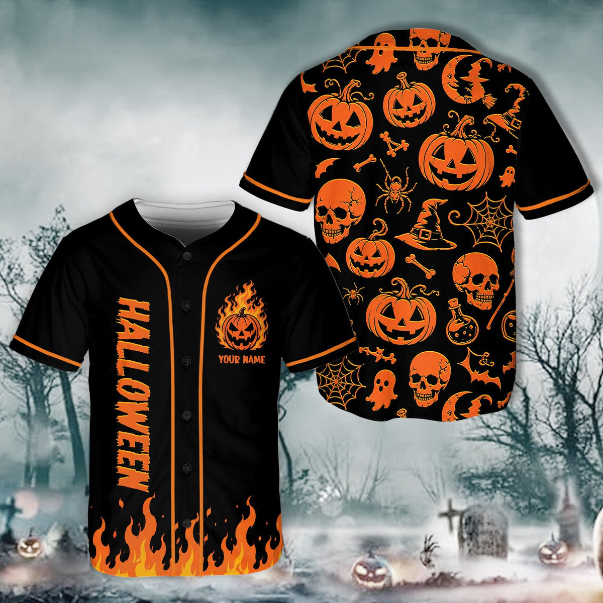 Side angle view of personalized halloween themed baseball jersey