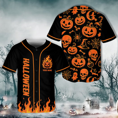 Side angle view of personalized halloween themed baseball jersey