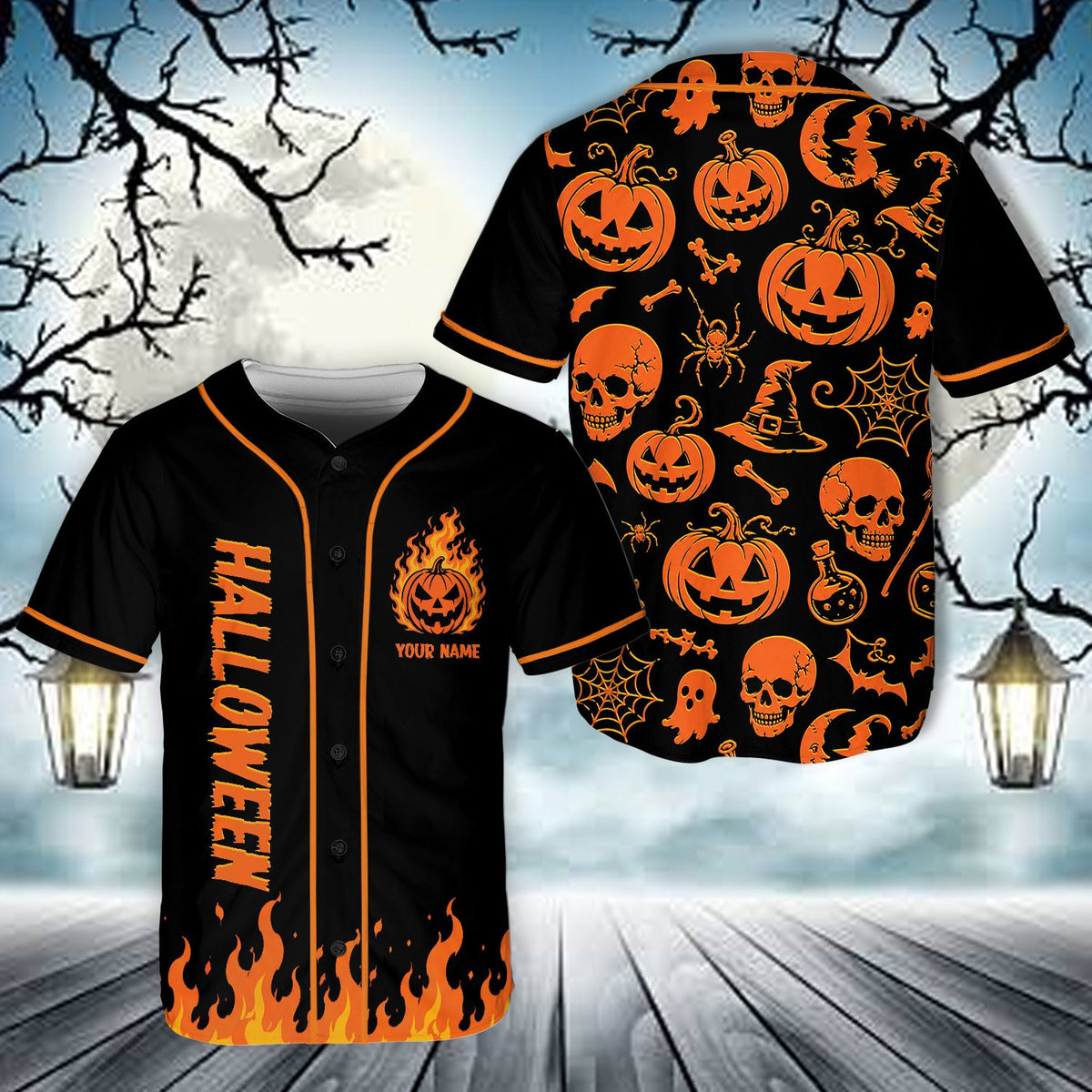 Ghost design detail on custom halloween baseball jersey