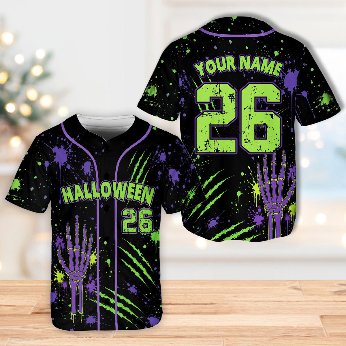 Black base custom baseball jersey with spooky design, front view 9