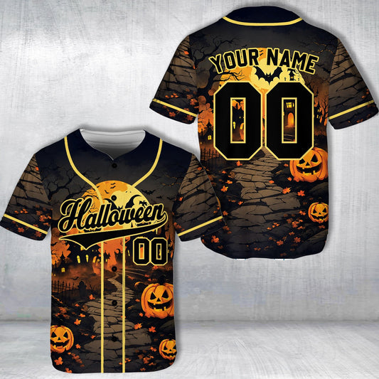 Main view of the personalized halloween baseball jersey in black with a spooky forest design