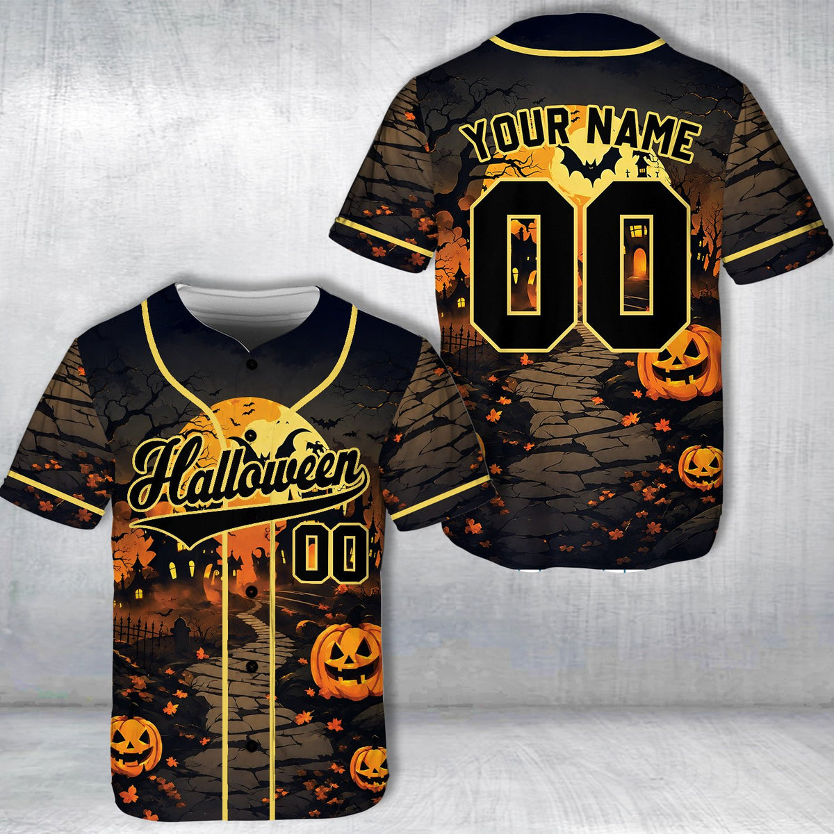 Front view of the personalized halloween baseball jersey in black