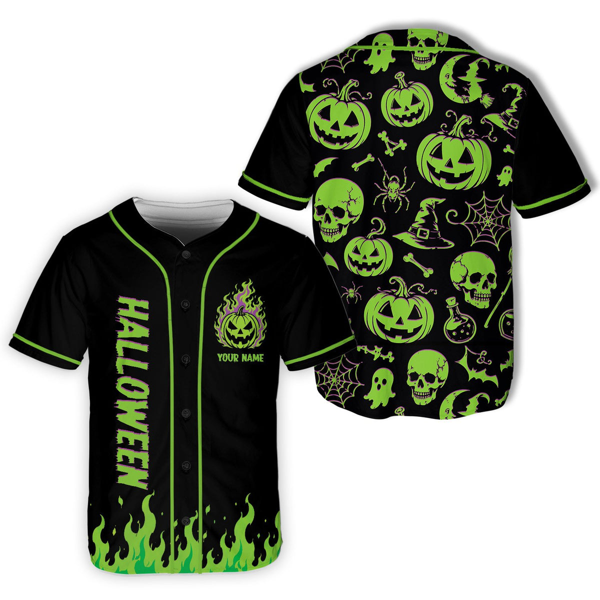 Detailed front view of black custom baseball jersey with neon Halloween design
