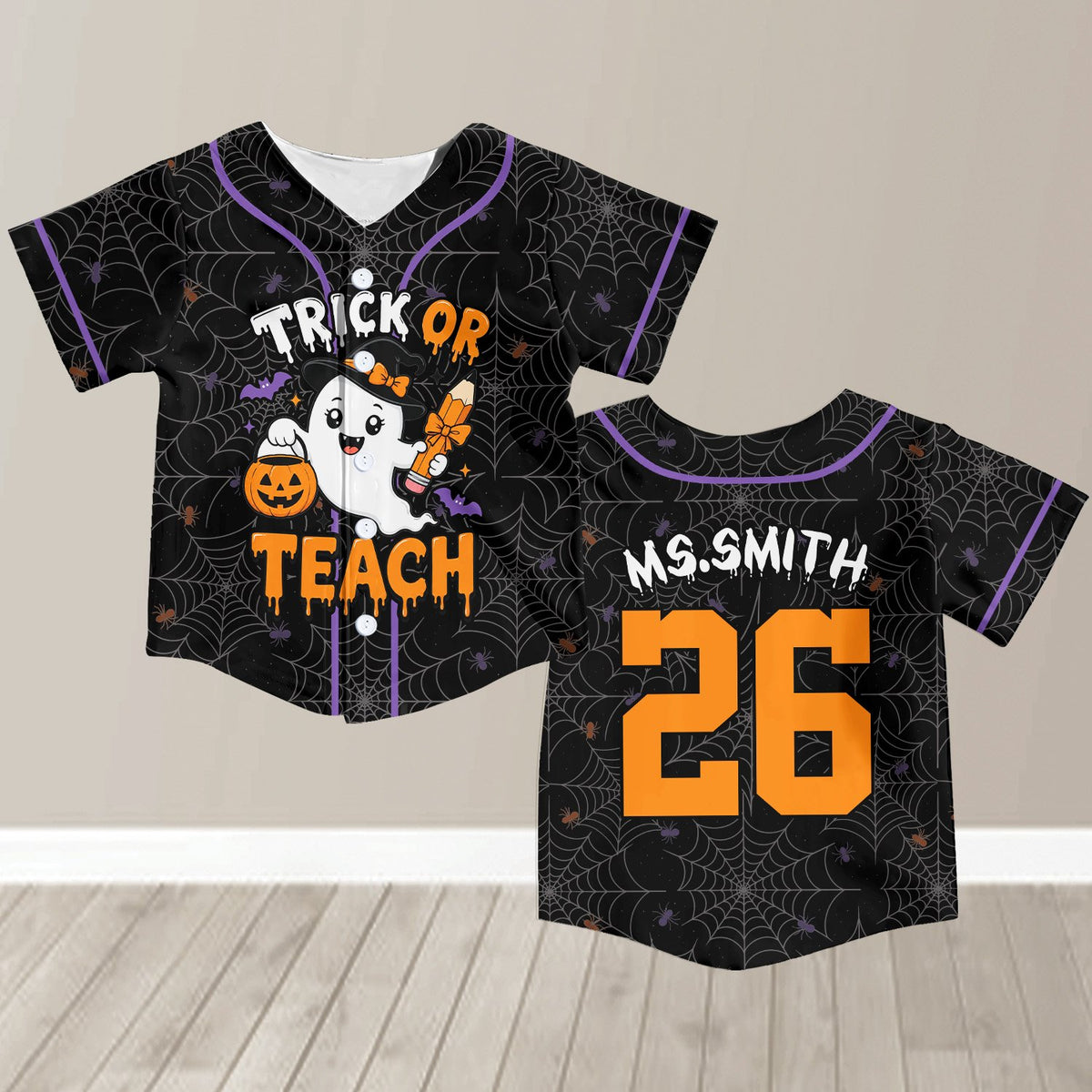 Personalized black halloween baseball jersey with Trick or Teach ghost design, main view