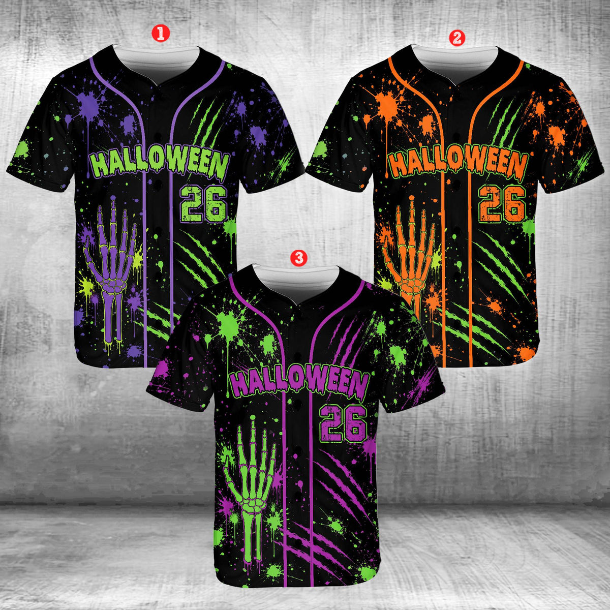 Personalized black halloween baseball jersey with neon splatters and skeleton hand, front view