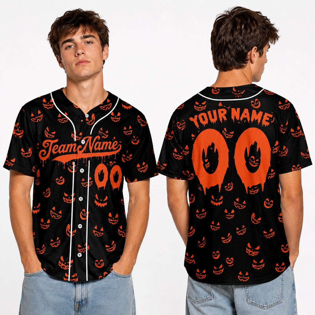 Lifestyle view of a person wearing the halloween themed baseball jersey outdoors