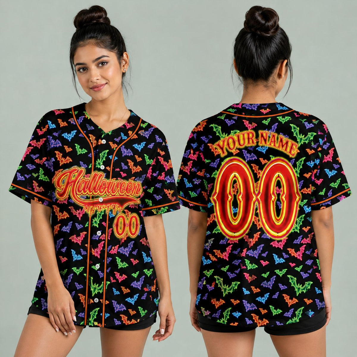 Adult wearing the custom name and number baseball jersey with neon bats design