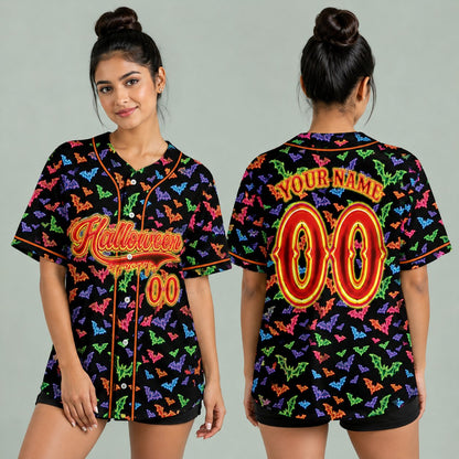 Adult wearing the custom name and number baseball jersey with neon bats design
