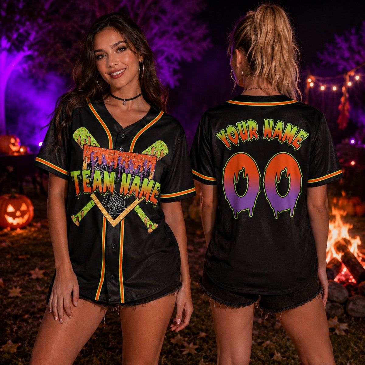 Lifestyle view of a person wearing a personalized black halloween baseball jersey