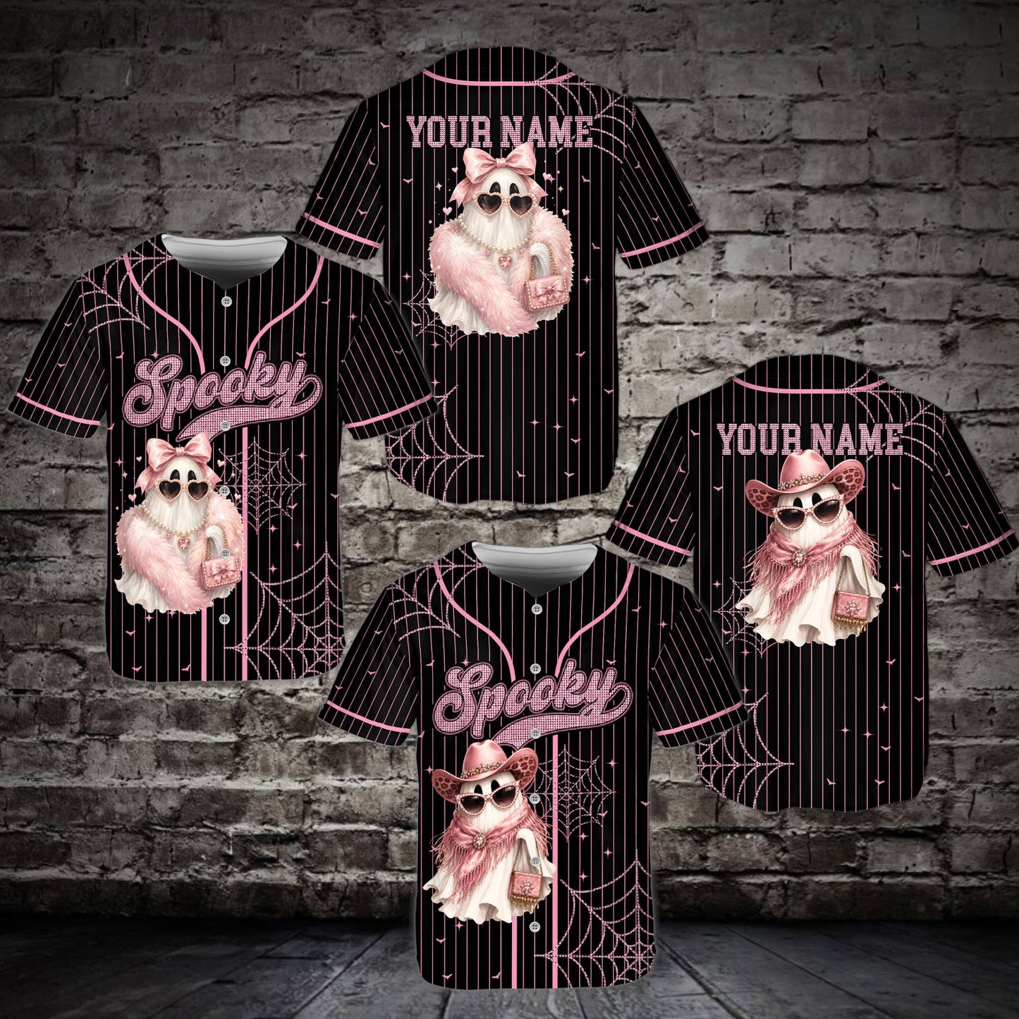 Angled view showcasing the black and pink details on the spooky baseball jersey