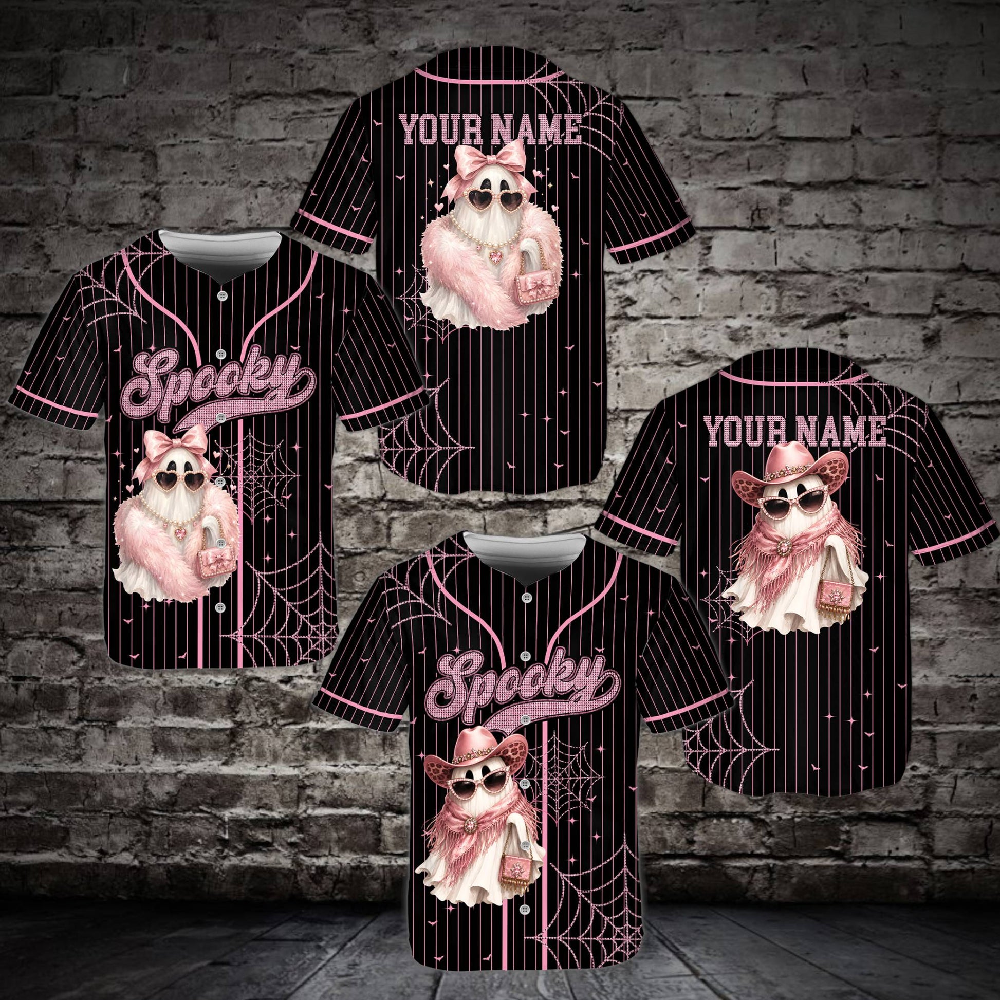 Angled view showcasing the black and pink details on the spooky baseball jersey