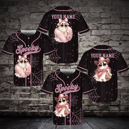 Angled view showcasing the black and pink details on the spooky baseball jersey