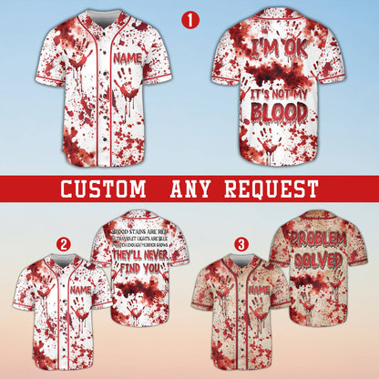 Personalized Halloween blood splatter true crime baseball jersey with custom name and number, main view