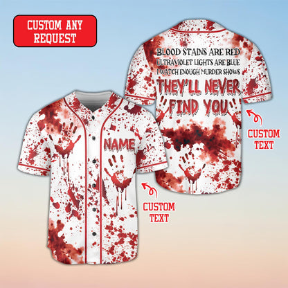 Close-up front view detailing the blood splatter graphics and text on the baseball jersey