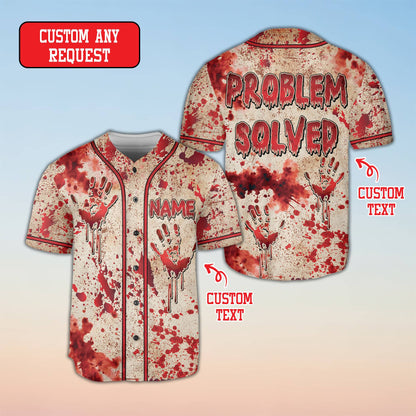 Angled front view of the true crime Halloween baseball jersey